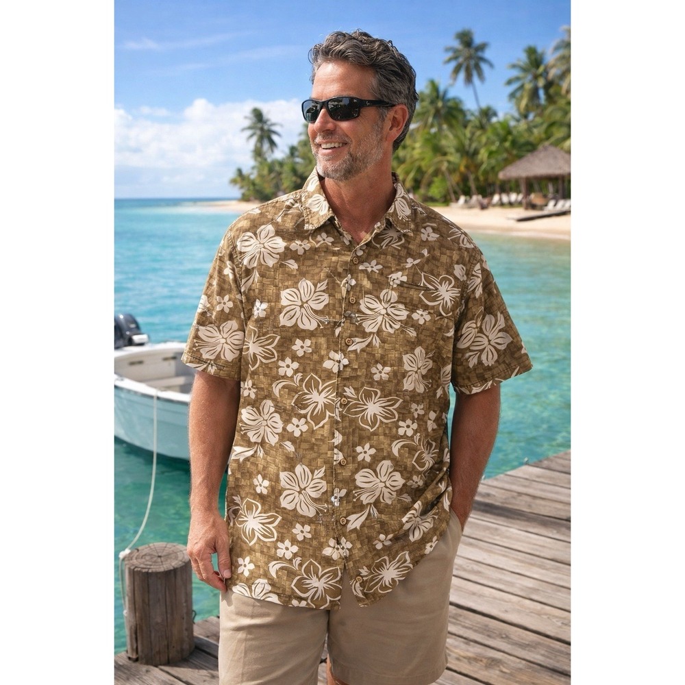 Ferruche Hawaiian Shirt XL Brown Floral Aloha Camp Tropical‎ Cotton Beach Resort